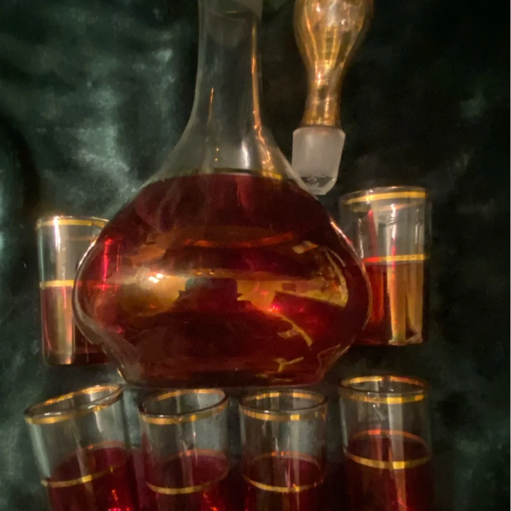 Vintage Elegant Cranberry Flash Gold Band Decanter Set 6 Cordials. Bohemia?